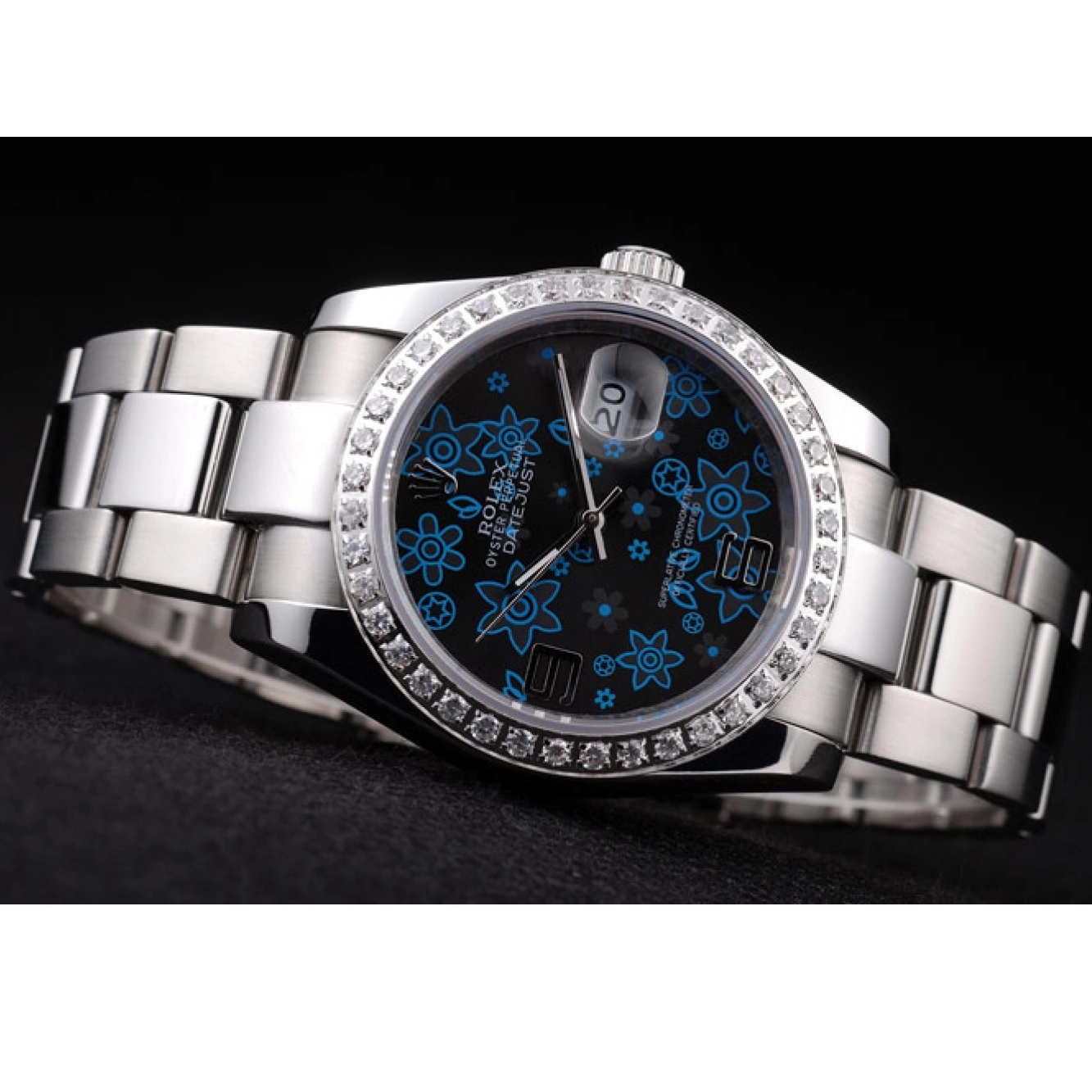 Good Copy Rolex Watches Dial Plated Stainless Steel Datejust Rolex Dark Diamond Polished Flowers Blue 0825